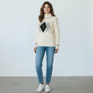 Vintage Women's Argyle Wool Blend Sweater Cream Black Gray Size Petite Medium